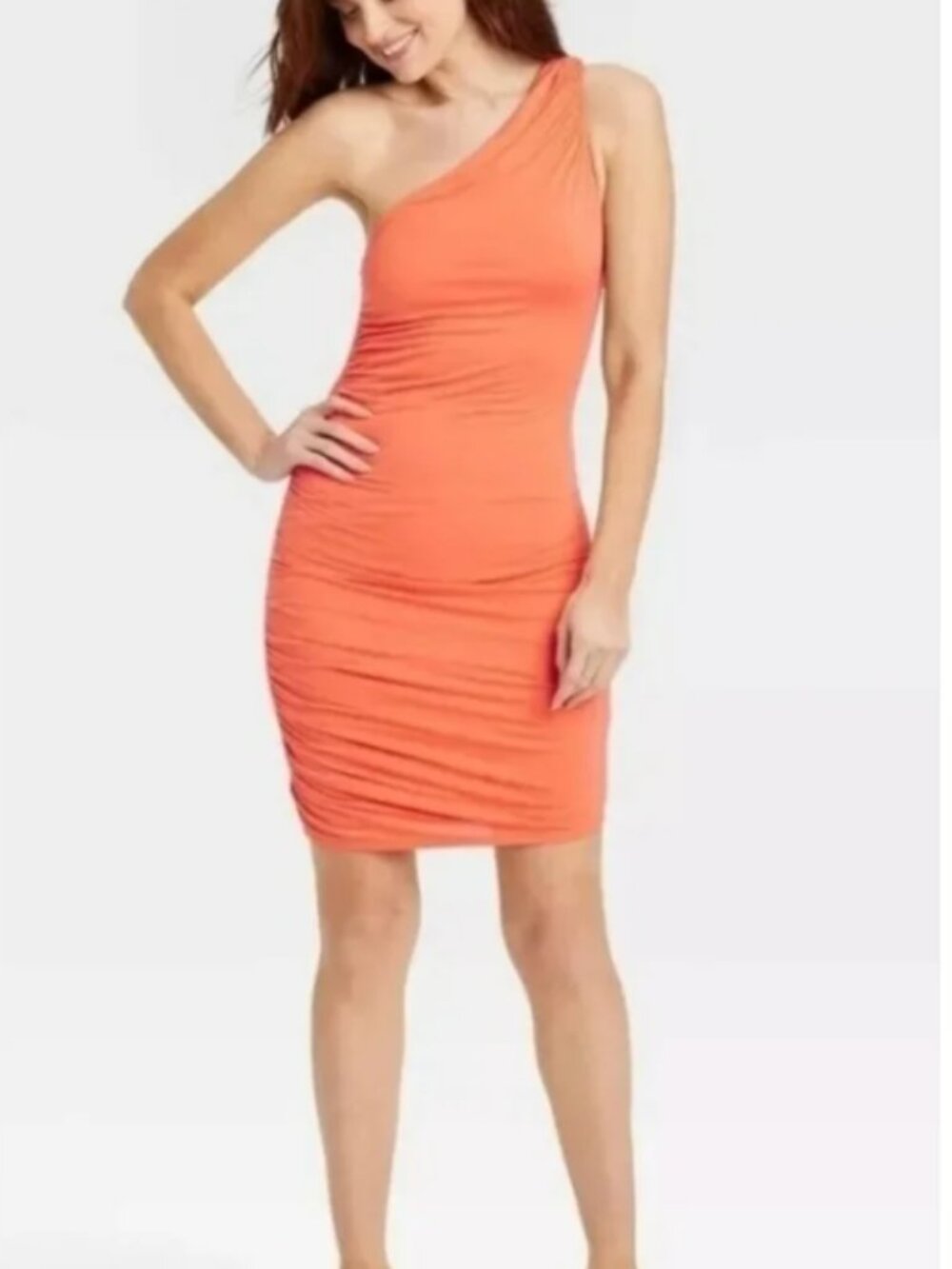 A New Day Orange/Coral One Shoulder Ruched Bodycon Dress Small